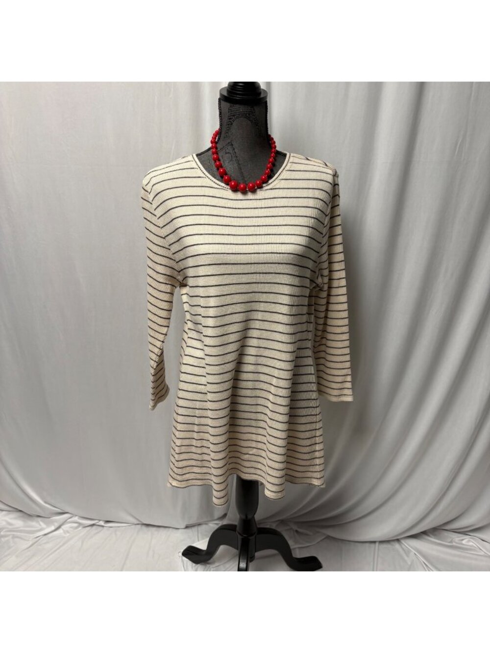 Striped Long Sleeve Waffle Knit Tunic Womens Large Beige Black Top Back Slit